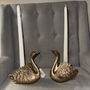 Pair of gold metal swan taper candle holders
